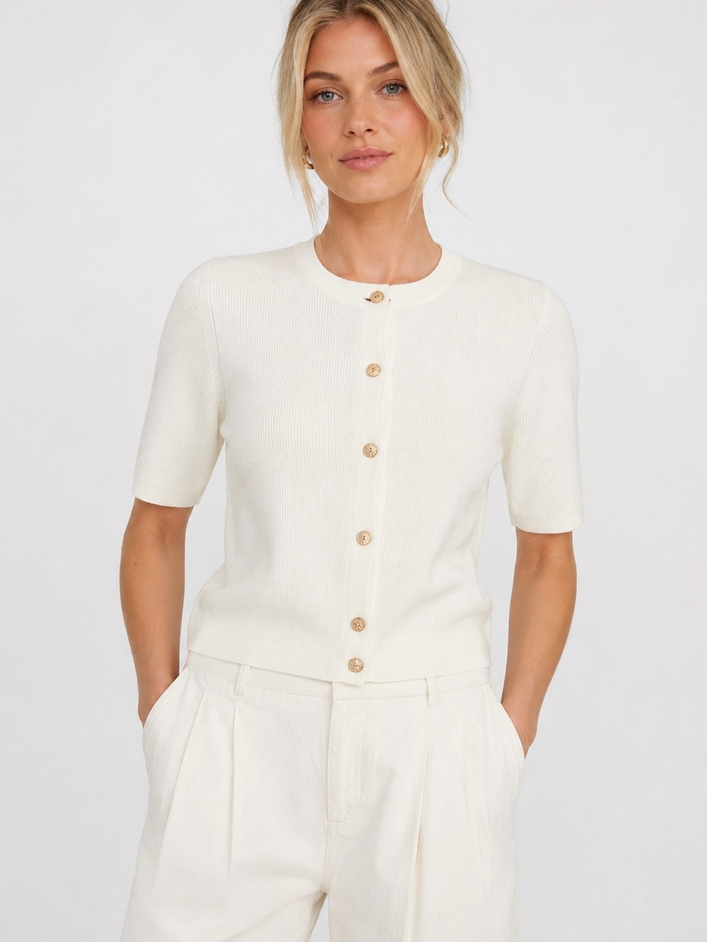 rag & bone NWT Ivory Short-Sleeve Gold Button Cardigan MSRP $298 Quiet Luxury